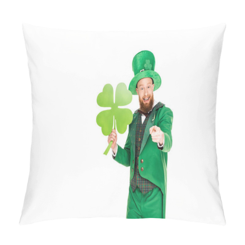 Personality  Leprechaun In Green Suit Pointing And Holding Clover, Isolated On White Pillow Covers