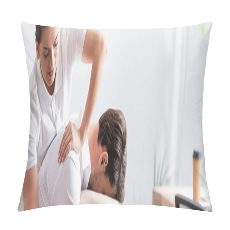 Personality  Positive Masseur Doing Arm Massage For Client In Office On Blurred Background, Banner Pillow Covers