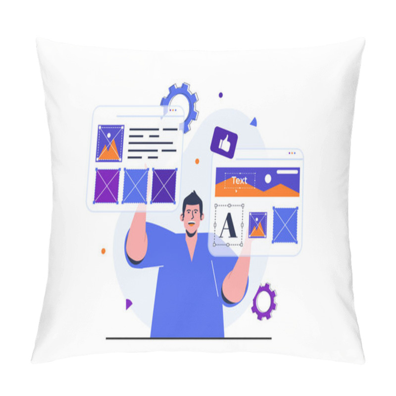 Personality  Content Manager Modern Flat Concept For Web Banner Design. Man Optimizes Website Layout And Works With Images, Text And Other Elements In Browsers. Vector Illustration With Isolated People Scene Pillow Covers