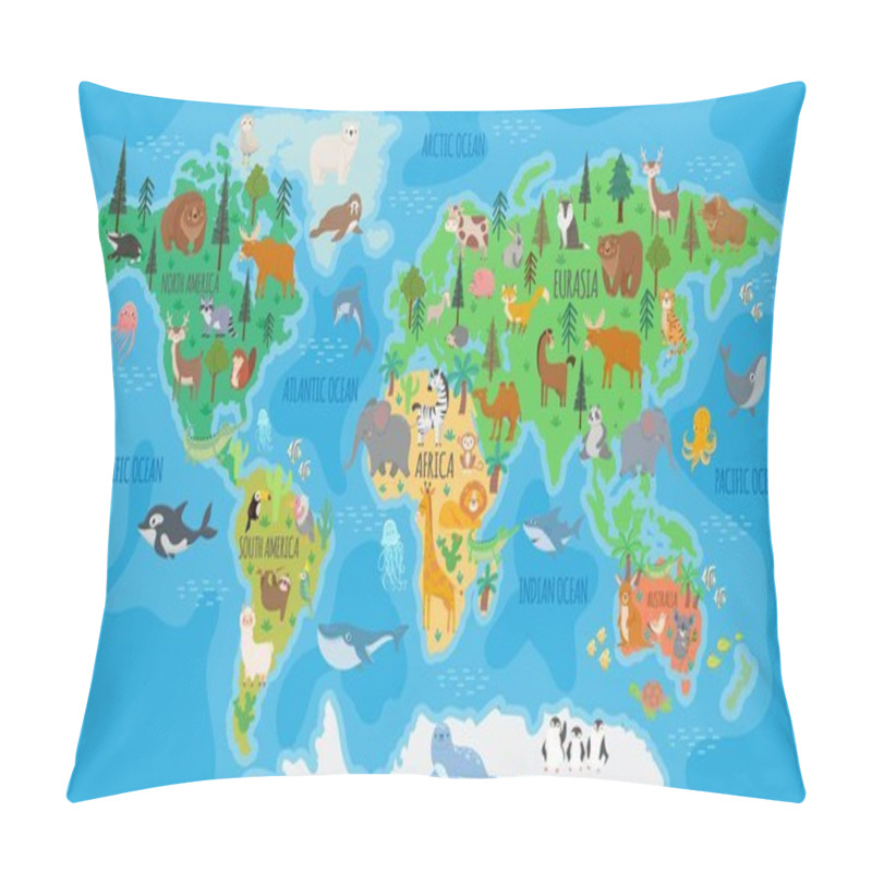 Personality  .Cartoon World Map For Kids Nursery With Forest Animals. Children Geography Education With Europe, Asia, Australia And America Vector Poster Pillow Covers