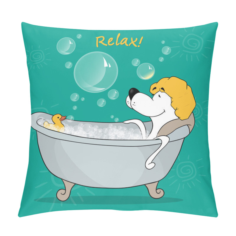 Personality  The Dog Takes A Relaxing Bath. Positive Motivating Card. Vector Illustration Of A Cartoon Dog. Pillow Covers