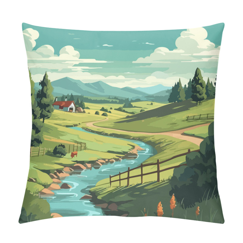 Personality  Rural Landscape. Vector Illustration.  Pillow Covers