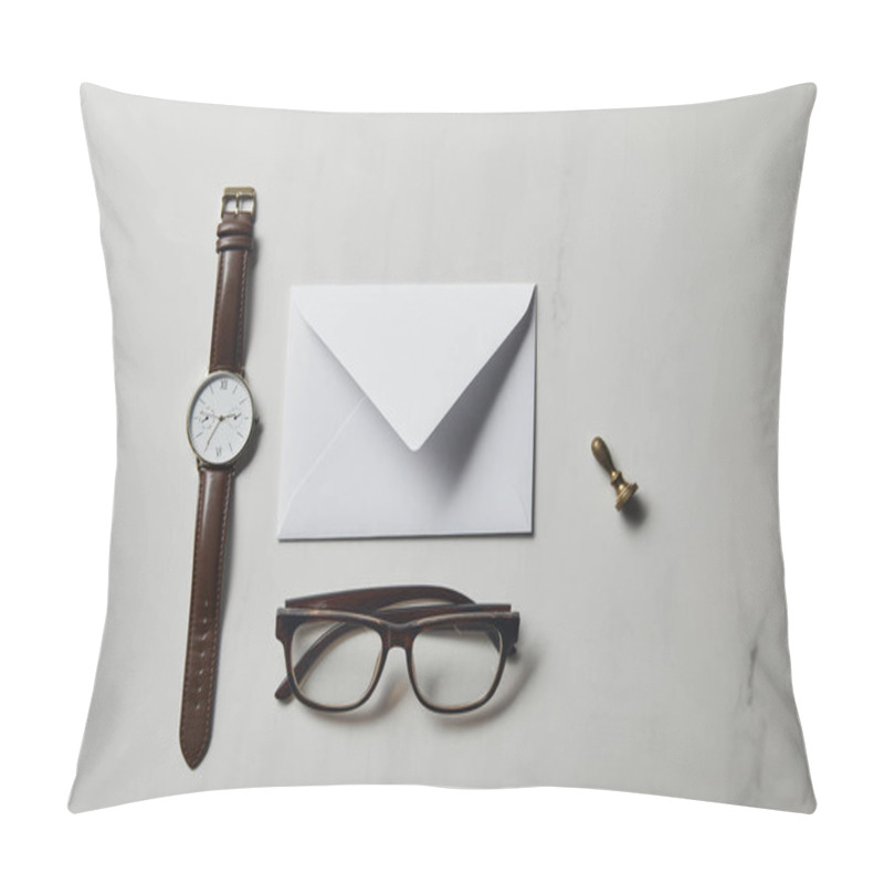 Personality  Letter Template With Glasses And Watch On White Marble Background Pillow Covers