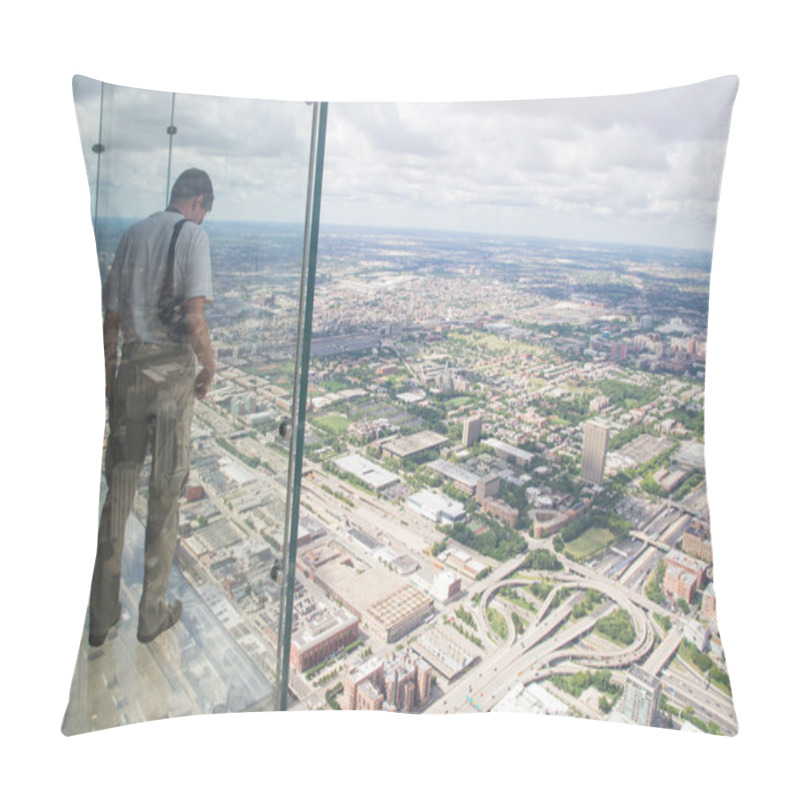 Personality  A Boy Looks Out From The Transparent Balcony Of Th Willis Tower Pillow Covers