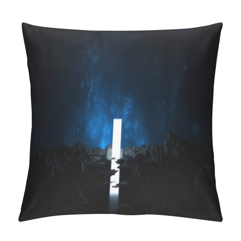 Personality  Glowing Space Portal Is Reflected In Water. Door To Other Worlds And Galaxies Among Stones. Journey Into Future To The Stars And Nebulae. 3d Render Pillow Covers