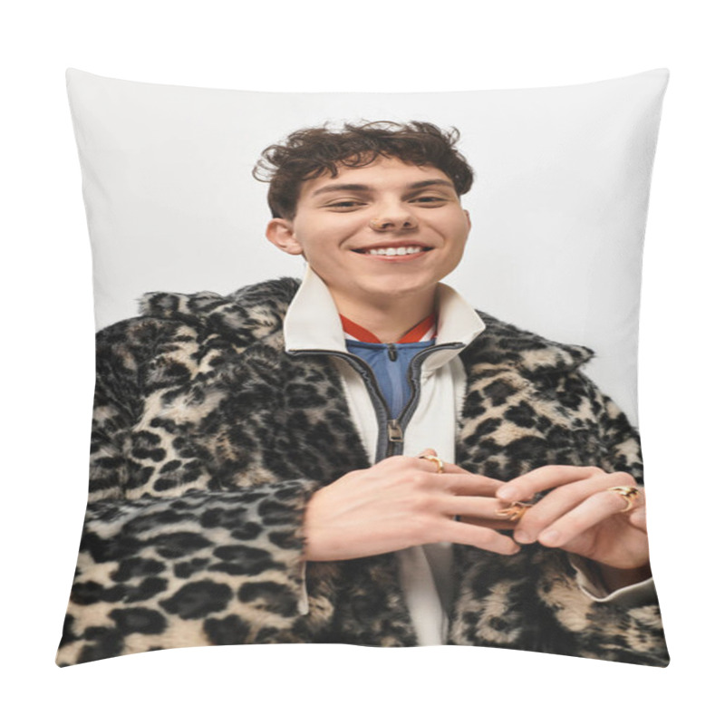 Personality  A Fashionable Man Stands Confidently, Wearing A Striking Leopard Print Coat And Engaging Warmly. Pillow Covers