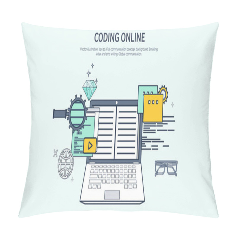 Personality  Vector Illustration. Flat Background. Coding, Programming. SEO. Search Engine Optimization. App Development, Creation. Software, Program Code. Web Design. Pillow Covers