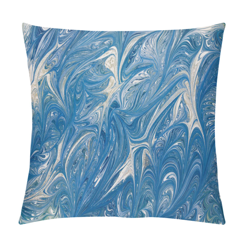 Personality  Beautiful Abstract Drawing Technique Ebru In Blue .Turkish Style Of Painting Ebru On Water With Acrylic Paints Swirls Waves.A Stylish Combination Of Natural Luxury  Pillow Covers