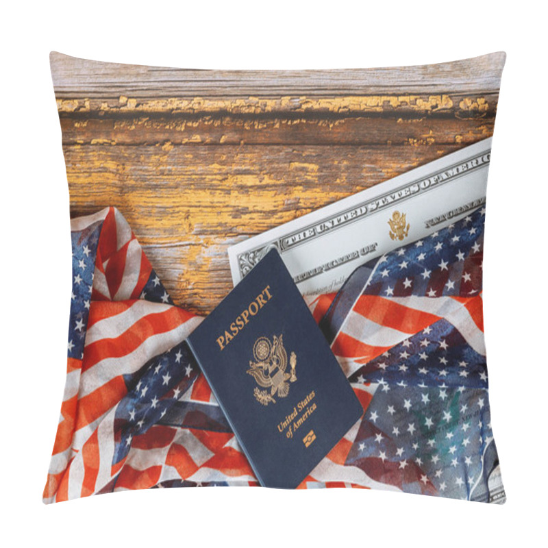 Personality  USA Passport And Naturalization Certificate Of Citizenship US Flag Over Wooden Background Pillow Covers