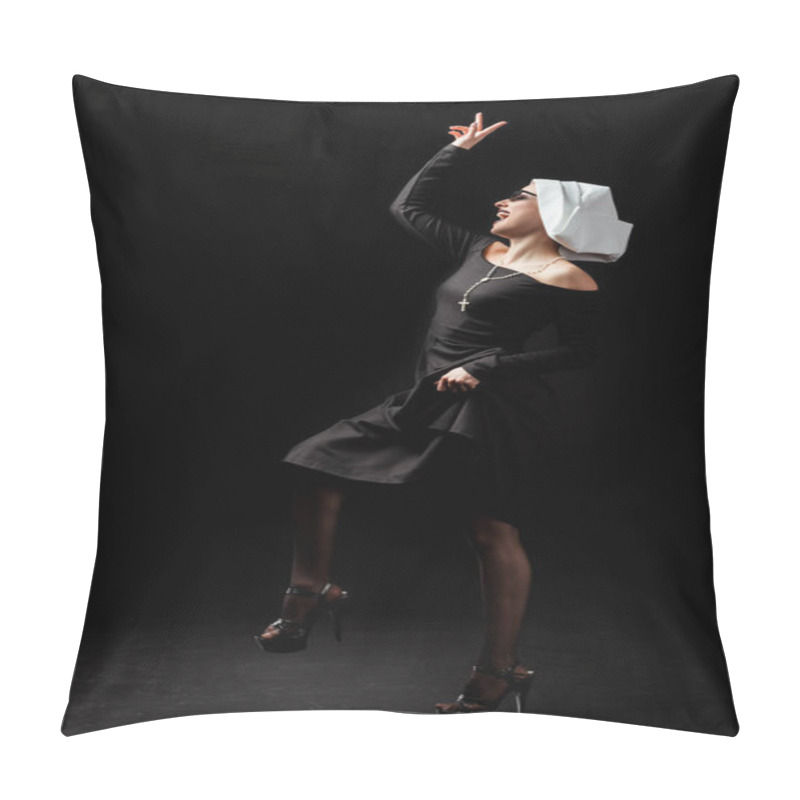 Personality  Sexy Emotional Nun Dancing In Black Dress And Sunglasses, On Black   Pillow Covers