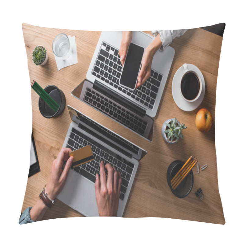 Personality  Cropped Shot Of Businessman Making E-shopping While His Colleague Using Smartphone At Workplace Pillow Covers