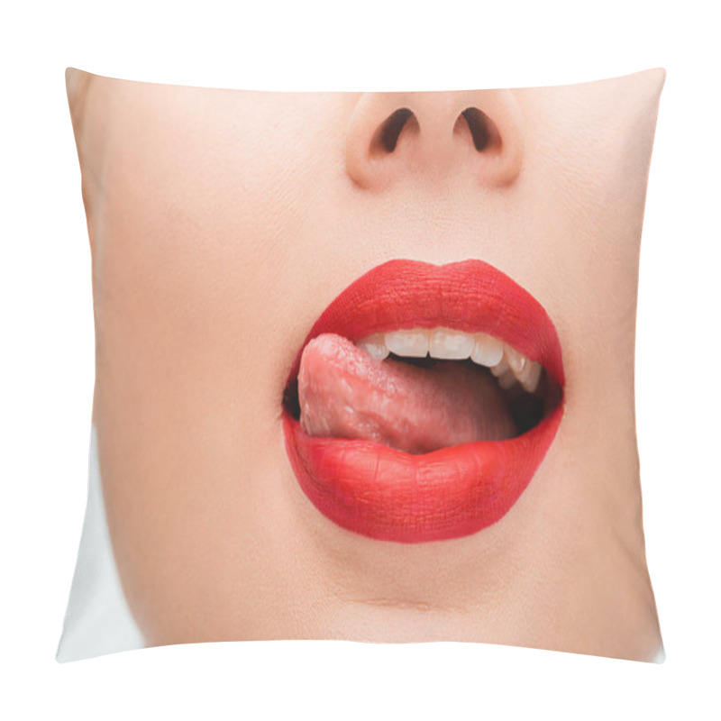 Personality  Cropped View Of Woman With Red Lipstick Licking Lips Isolated On White  Pillow Covers