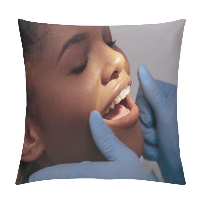 Personality  Orthodontist In Latex Gloves Near Happy African American Woman In Braces  Pillow Covers