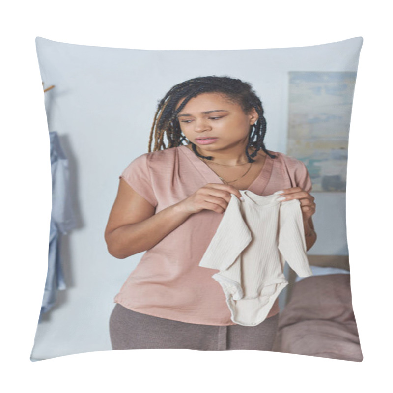 Personality  Worried Future Mother, Pregnant African American Woman Holding Baby Clothes, Emotional, Motherhood Pillow Covers