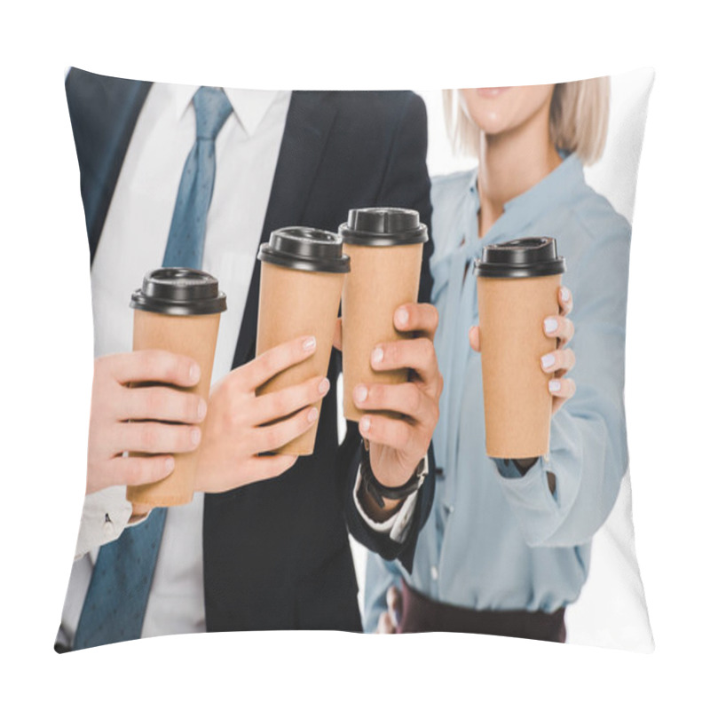 Personality  Cropped View Of Businesspeople Holding Cups With Coffee To Go Isolated On White Pillow Covers