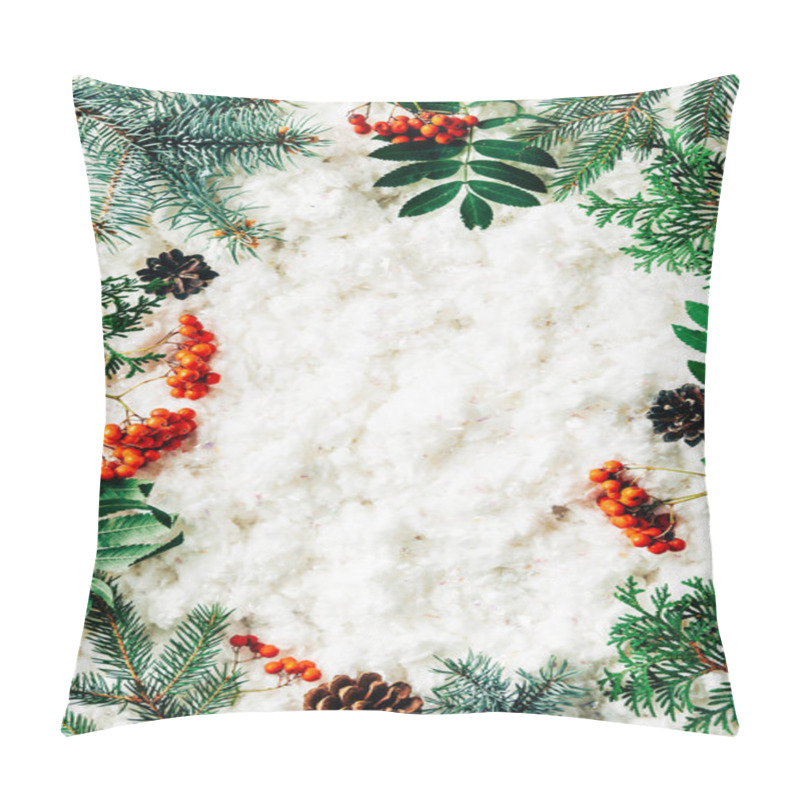 Personality  Flat Lay With Winter Arrangement Of Pine Tree Branches, Cones And Sea Buckthorn On White Cotton Wool Backdrop Pillow Covers