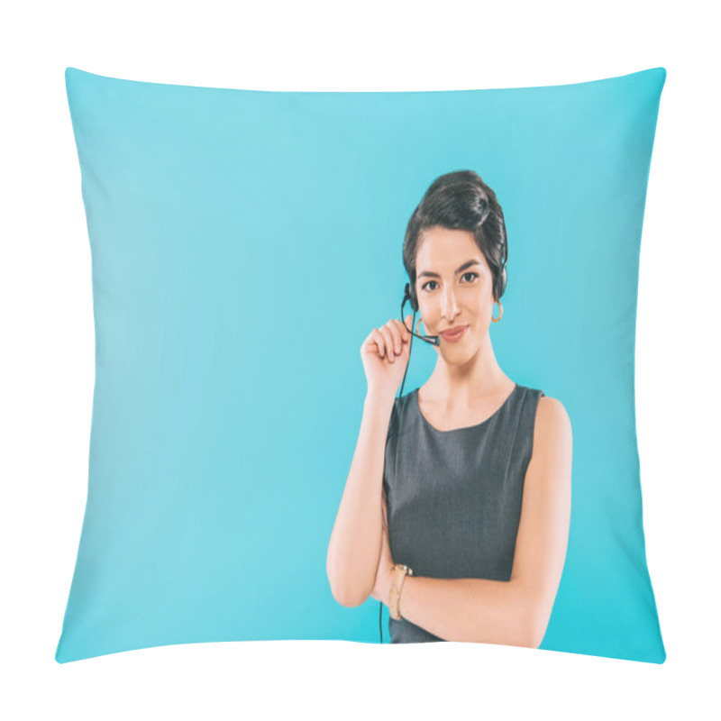 Personality  Beautiful Mixed Race Call Center Operator In Headset Looking At Camera Isolated On Blue Pillow Covers