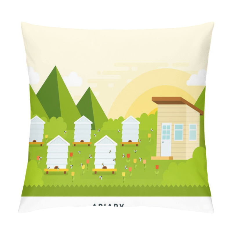 Personality  Beekeeping Farm At Dawn Vector Flat Illustration. Pillow Covers