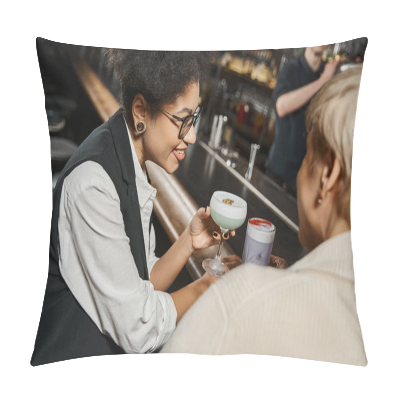 Personality  African American Woman With Cocktail Glass Smiling Near Female Workmate In Bar On Blurred Foreground Pillow Covers