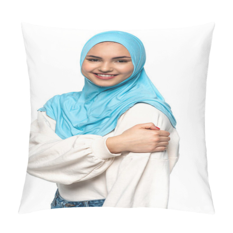 Personality  Smiling Arabian Woman In Blue Hijab Looking At Camera Isolated On White  Pillow Covers