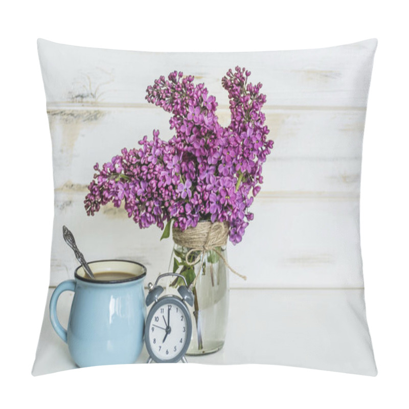 Personality  Bouquet Of Lilac With Alarm Clock And Cup Of Coffee On  Wooden Background .Spring Morning Concept Pillow Covers