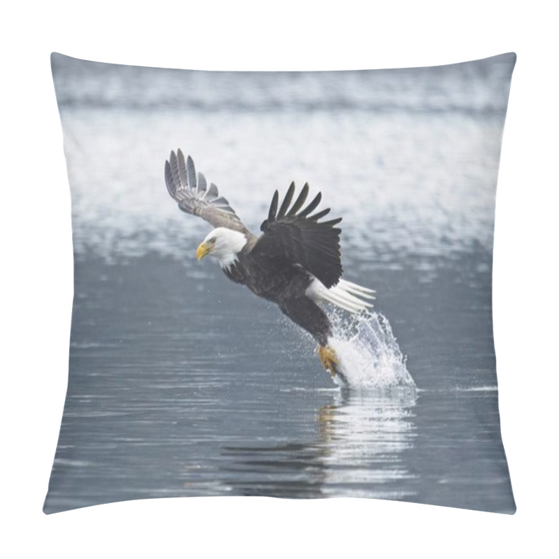 Personality  A Majestic Bald Eagle Catches A Fish From The Lake During Winter Feeding Before Migration In North Idaho. Pillow Covers