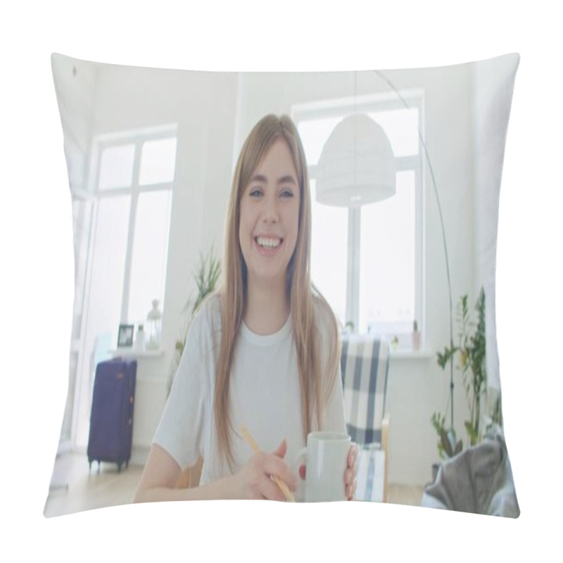 Personality  Young Woman Makes Video Conference Pillow Covers