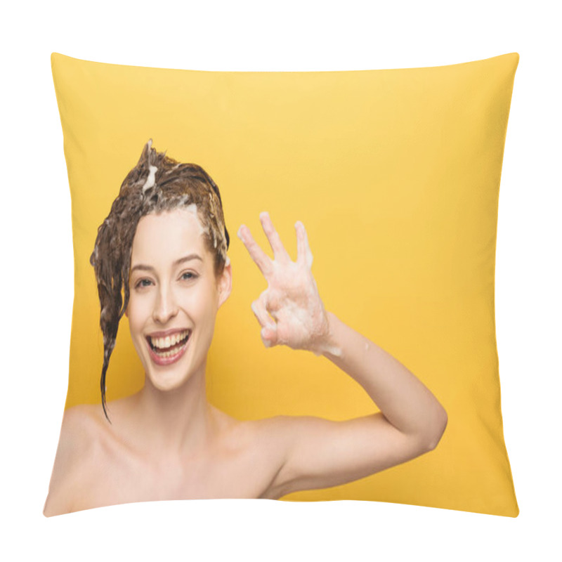 Personality  Happy Girl With Soapy Hair Showing Okay Gesture While Looking At Camera On Yellow Background Pillow Covers