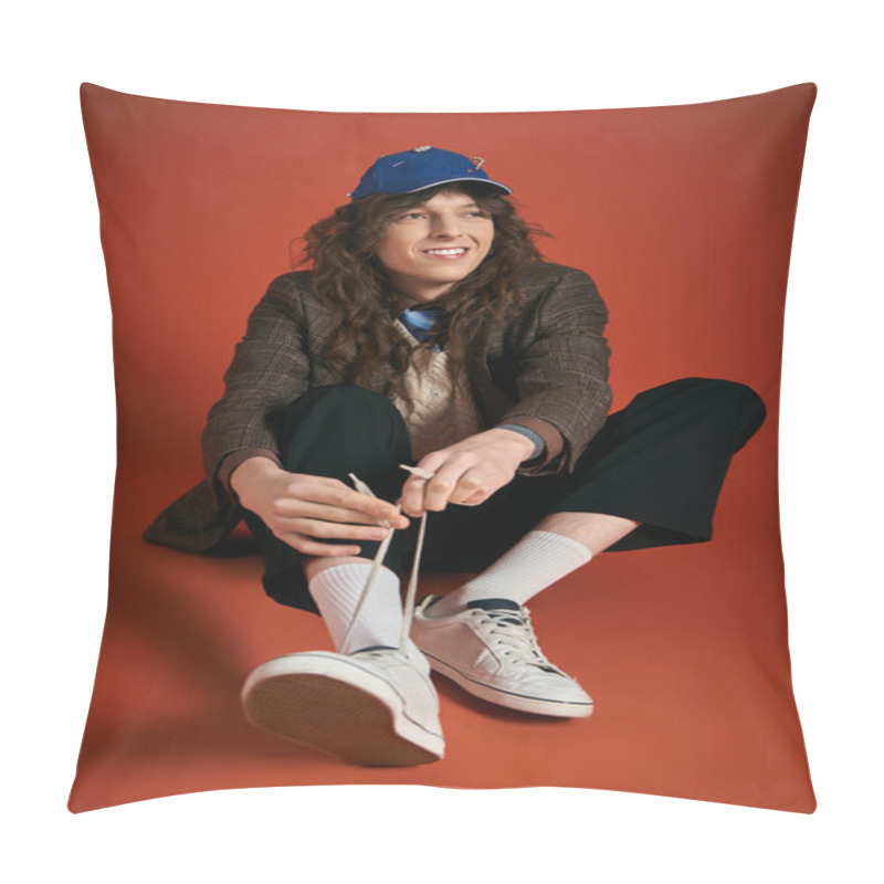 Personality  A Stylish Young Man Ties His Shoelaces, Relaxing In A Bright, Chic Setting. Pillow Covers