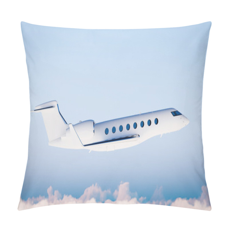 Personality  Photo White Matte Luxury Generic Design Private Airplane Flying In Blue Sky.Clear Mockup Isolated On Blurred Background.Business Travel Picture. Right Side View. Horizontal. 3D Rendering. Pillow Covers