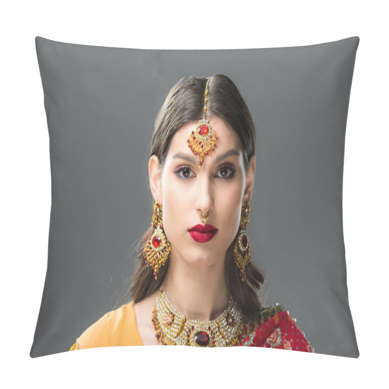 Personality  Attractive Indian Woman In Sari And Accessories, Isolated On Grey  Pillow Covers