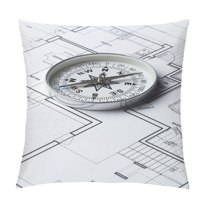 Personality  Compass On Architect Blueprint For Business Orientation And Strategy Pillow Covers