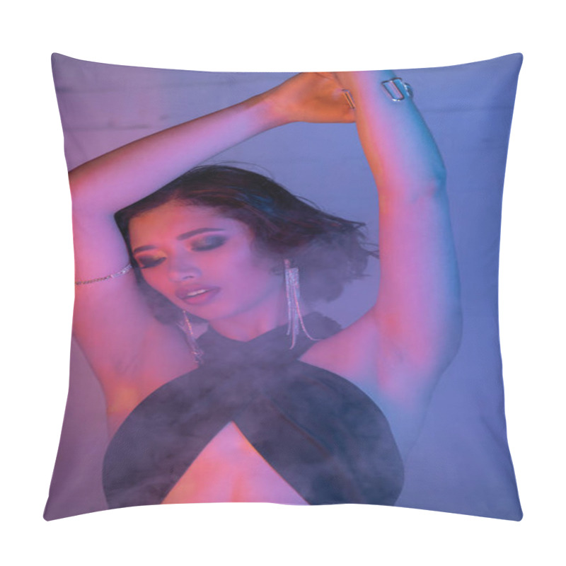 Personality  Fashionable Young Asian Woman In Dress Dancing In Smoke And Neon Light In Night Club Pillow Covers