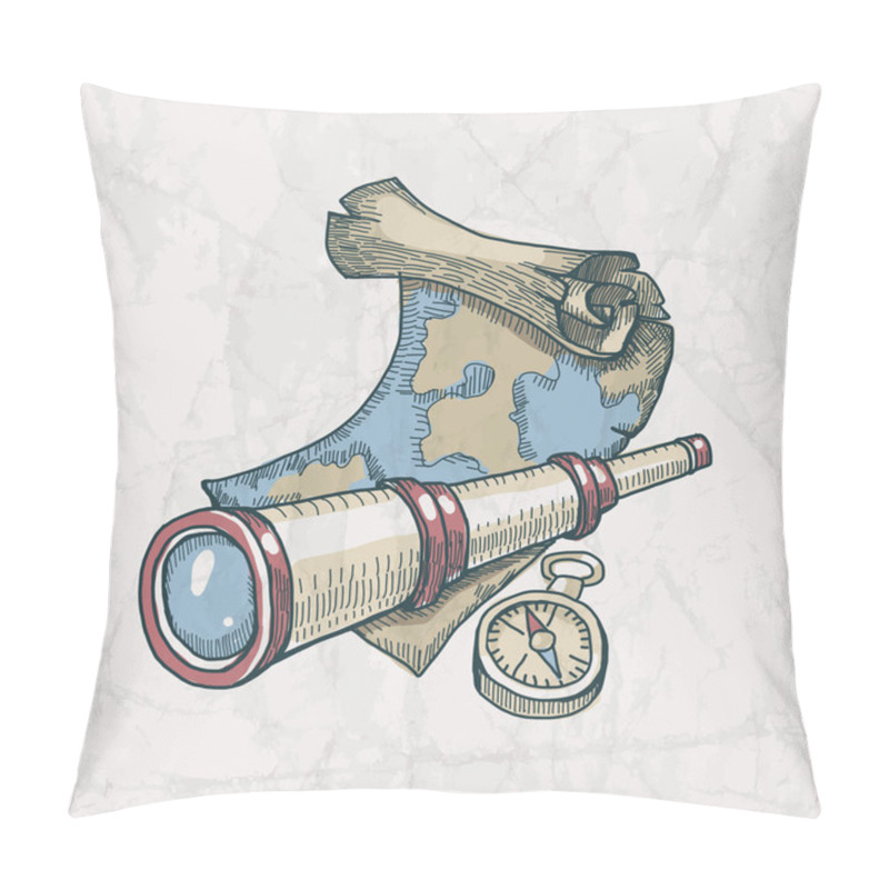 Personality  Vector Illustration Of Spyglass, Map And Compass On The Old Pape Pillow Covers