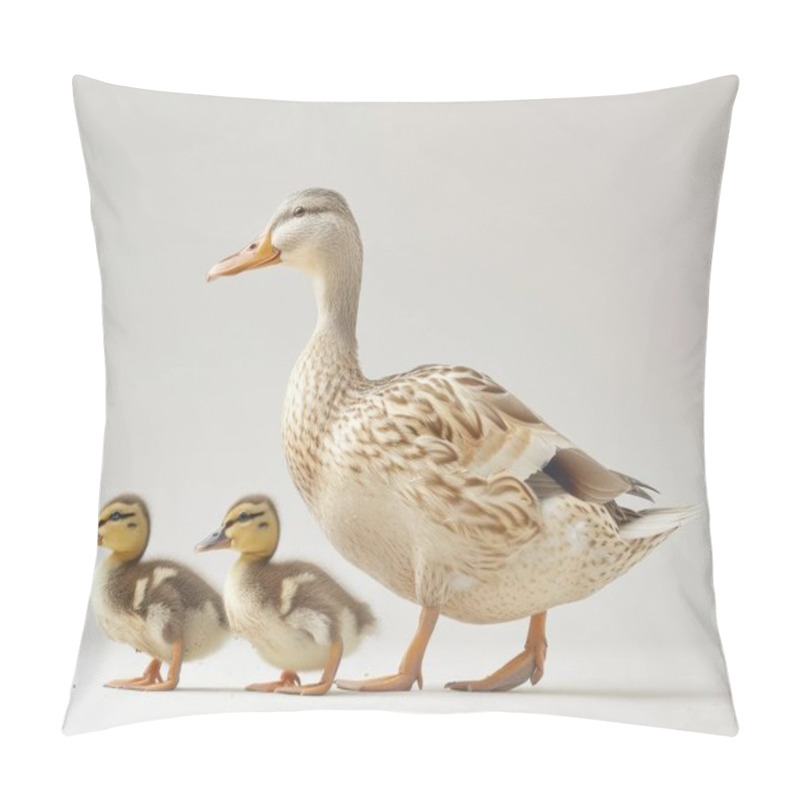 Personality  A Female Mallard Duck Confidently Walks Alongside Her Two Adorable Ducklings, Showcasing A Nurturing Bond. Pillow Covers