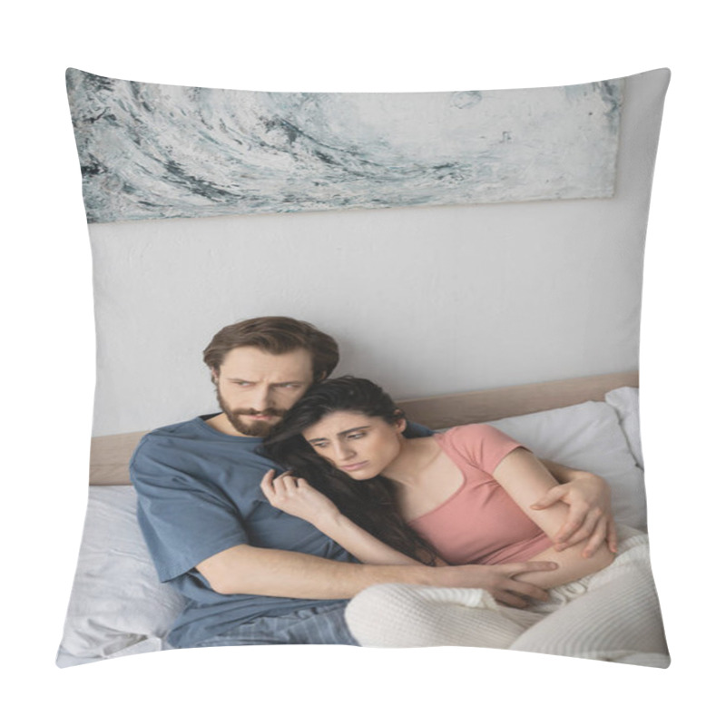 Personality  Dissatisfied Man In Pajama Hugging Asexual Girlfriend On Bed At Home  Pillow Covers