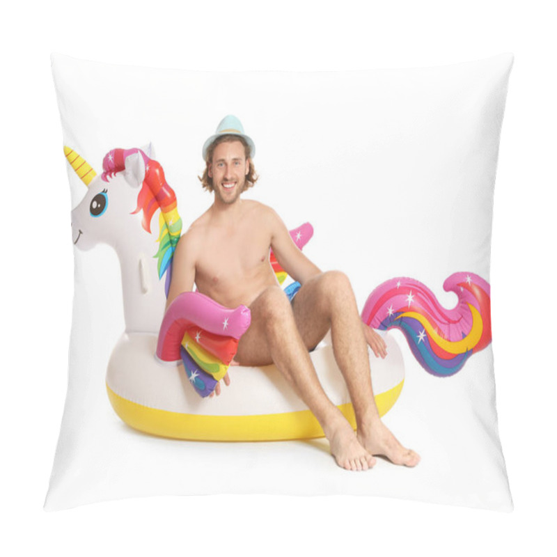 Personality  Attractive Young Man In Swimwear With Unicorn Inflatable Ring On White Background Pillow Covers