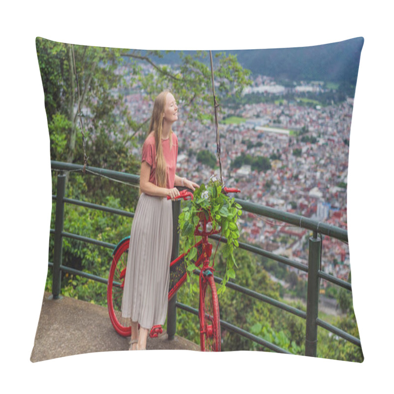 Personality  Female Tourist In Front Of The Panoramic View Of Orizaba From Cerro Del Borrego, Mexico. Travel, Scenic Landscape, And Adventure Concept. Pillow Covers