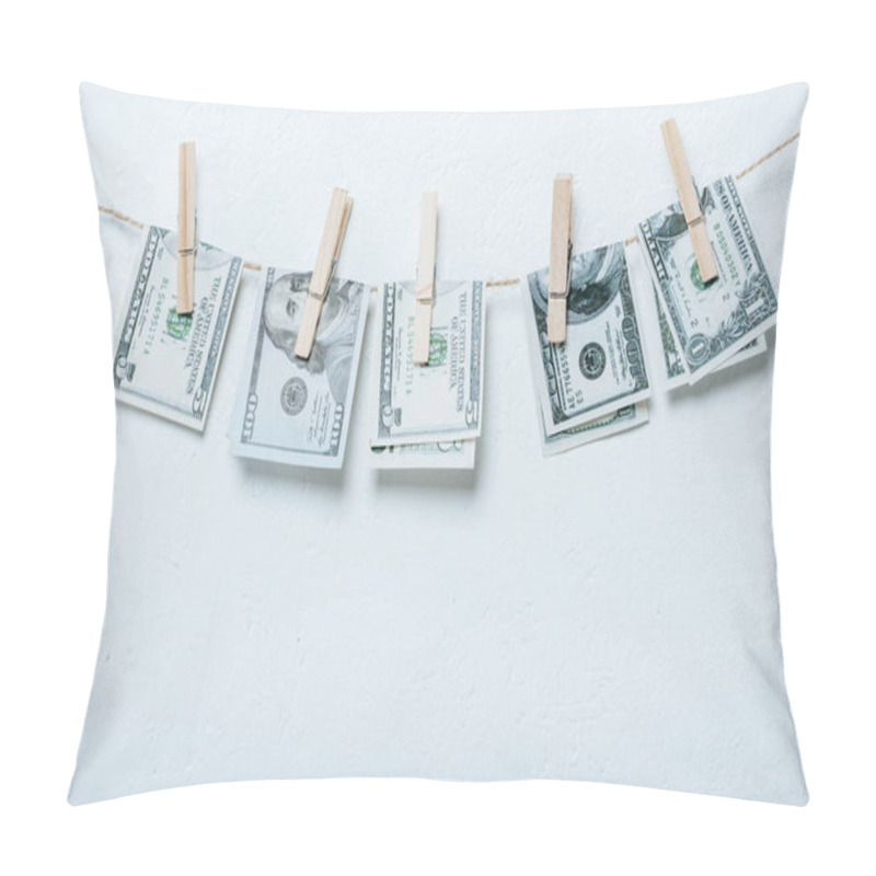 Personality  Dollar Banknotes Hanging On Rope Isolated On Grey Pillow Covers