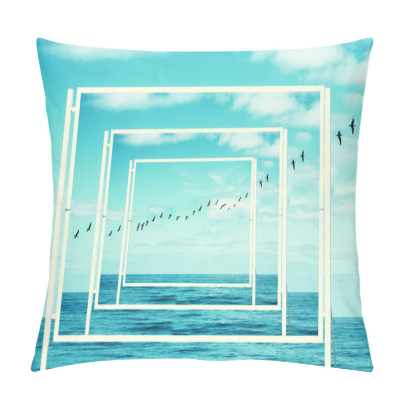 Personality  Surreal Enigmatic Picture Of Flying Birds And Frame . Beach Landscape. Pillow Covers