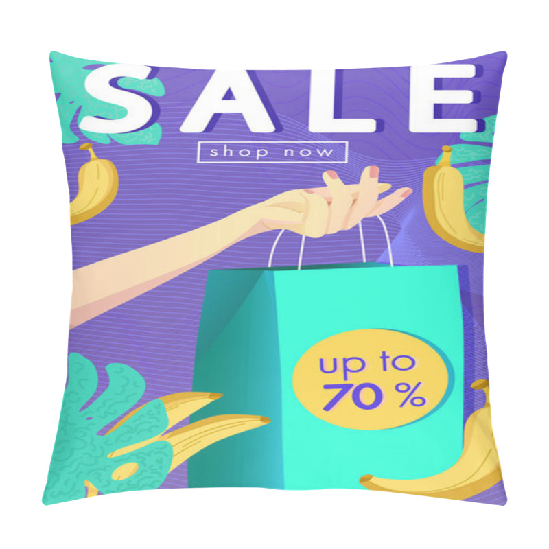 Personality  SALE Banner Design. Shopping Discount Bags In The Girl's Hand, Tropical Leaves And Bananas. Pillow Covers