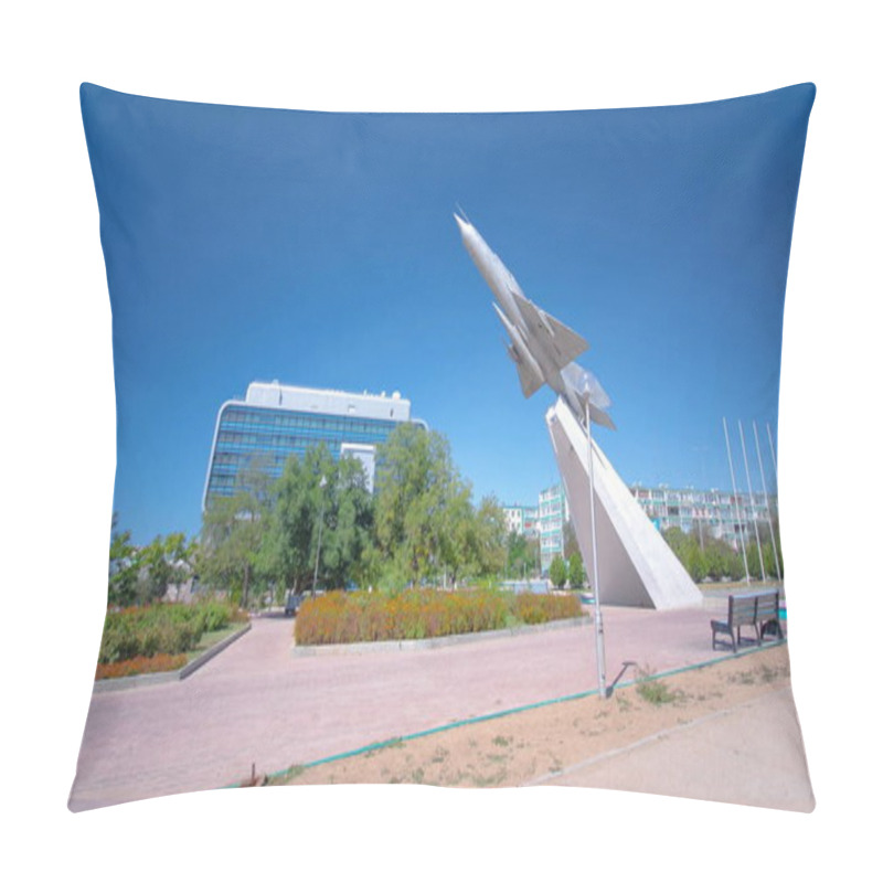 Personality  The MIG-21 Plane Is A Monument In The Square Of Glory Timelapse Hyperlapse. Blue Sky At Sunny Day. Aktau, Kazakhstan Pillow Covers