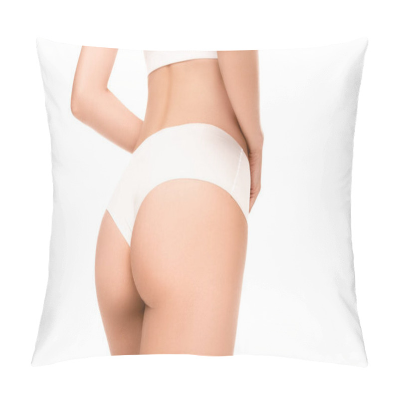 Personality  Cropped View Of Woman With Perfect Body In Panties Standing Isolated On White Pillow Covers