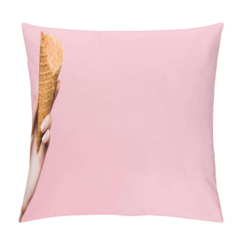 Personality  Cropped View Of Woman Holding Waffle Cone Isolated On Pink, Banner Pillow Covers