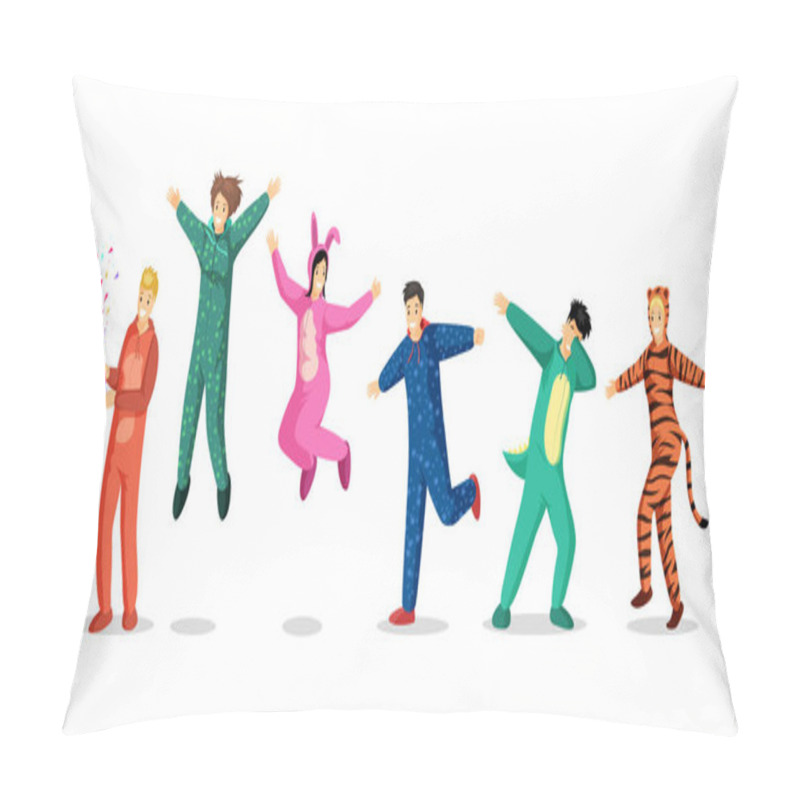 Personality  People In Pajamas Vector Illustrations Set. Happy Teenage Girls And Boys In Colorful Costumes, Children In Funny Pyjamas Cartoon Characters. Slumber Party, Overnight Stay, Sleepover Design Elements Pillow Covers