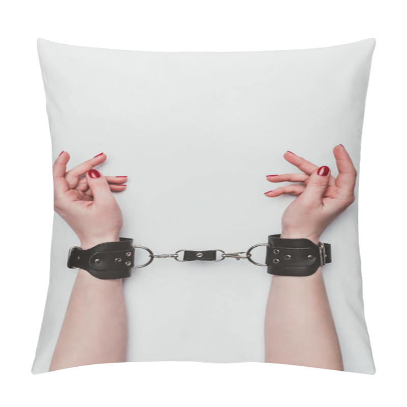 Personality  Female Hands Tied With Leather Handcuffs Isolated On White Pillow Covers