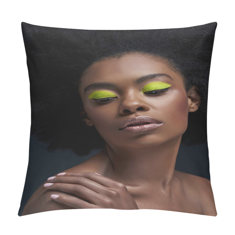 Personality  Portrait Of Beautiful African American Model With Bright Neon Makeup And Bare Shoulders Isolated On Black Pillow Covers