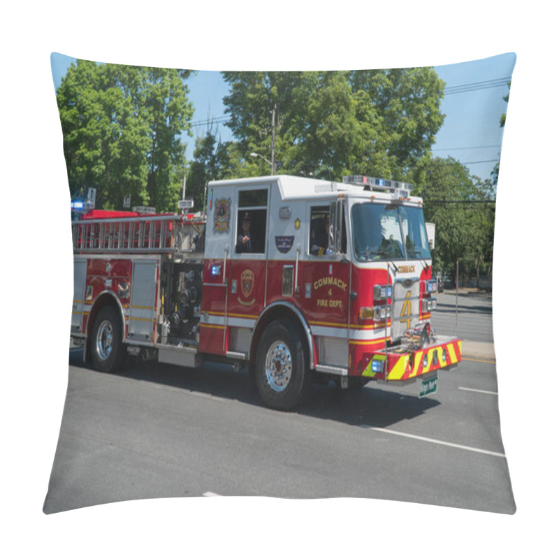 Personality  Long Island, NY - Circa 2019: Fire Truck Drives Down Street In Memorial Day Parade Celebration Event Honor Military Veterans And Local Hero. Emergency Response Vehicle Close Up Stock Photo Pillow Covers