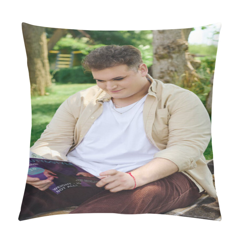 Personality  A Queer Person Relaxes In A Lush Green Environment While Reading A Magazine With Interest. Pillow Covers