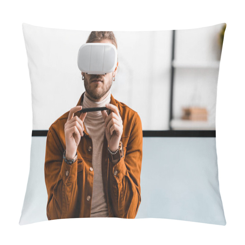 Personality  3d Visualizer Using Virtual Reality Headset And Holding Stylus Of Graphics Tablet Near Computer Monitors In Office  Pillow Covers